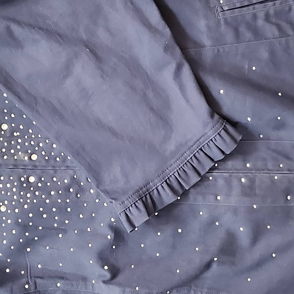 Quacker Factory Sparkle Stretch Embellished Ruffle Navy Blue Jacket - Picture 7 of 13